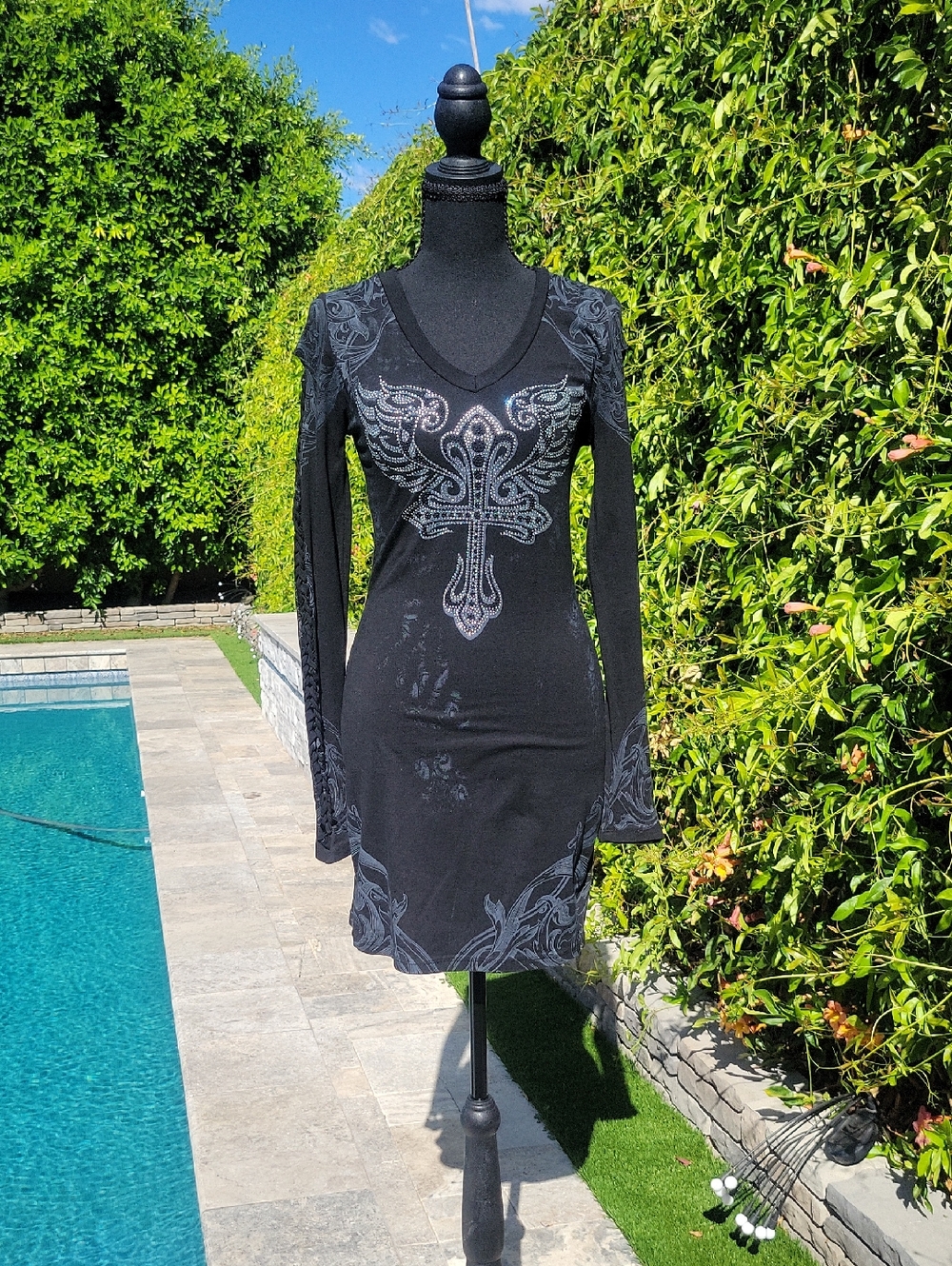 Black Long-Sleeve Rhinestone Cross Angel Wings Goth Punk Biker Dress